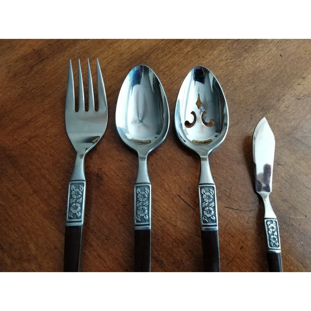 Lot 4x Serving Pieces Ekco Eterna La Joya Stainless Faux Wood Flatwar MCM EKS14